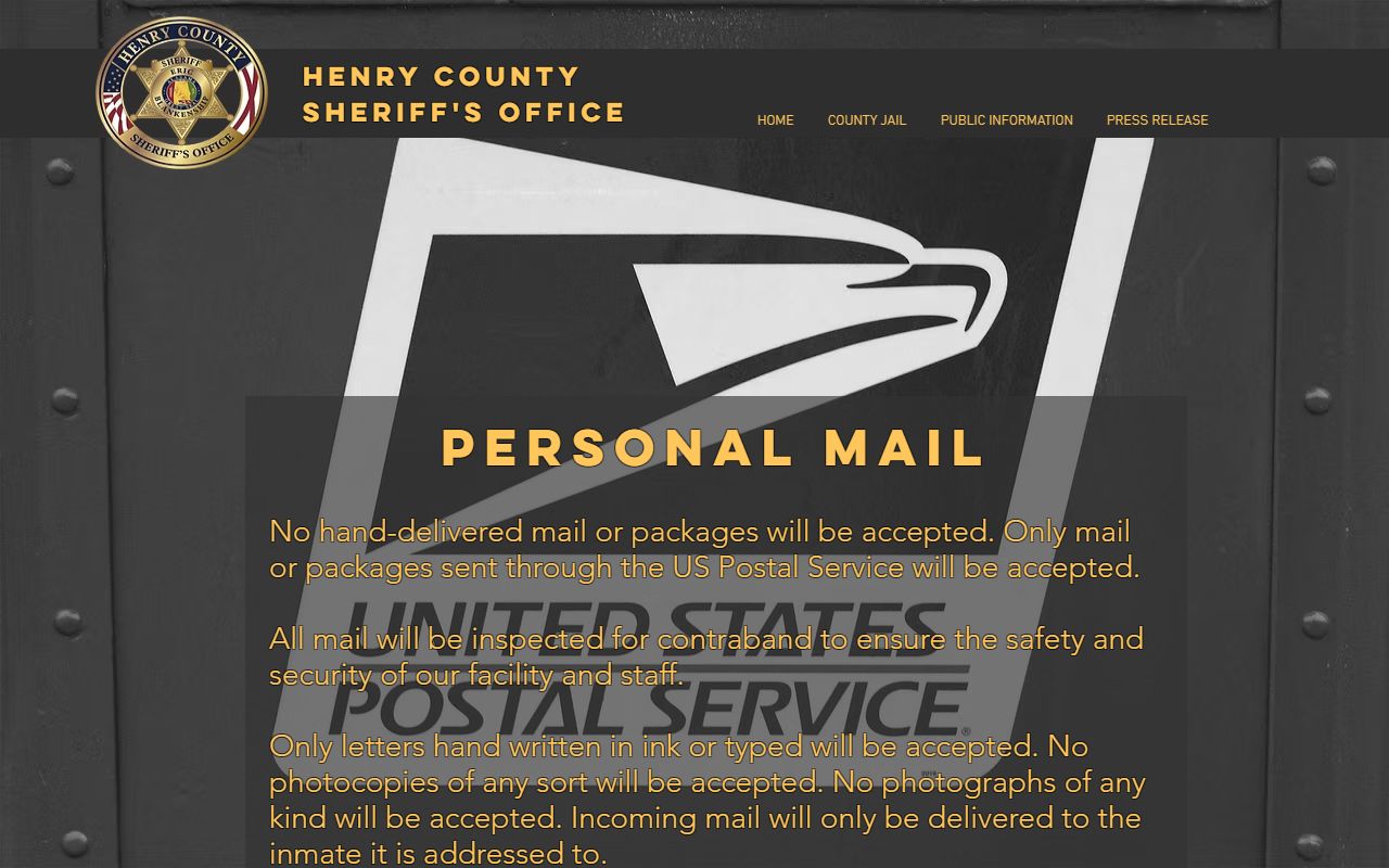 Henry County Jail inmate mail rules and address format